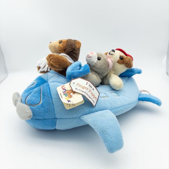 NEW Unipak Designs 10” Airplane Plush Holder With 3 Finger Animal Pilot Puppets - Picture 2 of 13